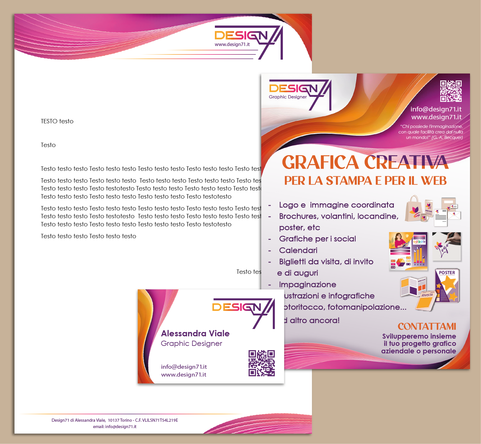 Immaging coordinata Design71, biglietto da visita, carta intestata, volantino